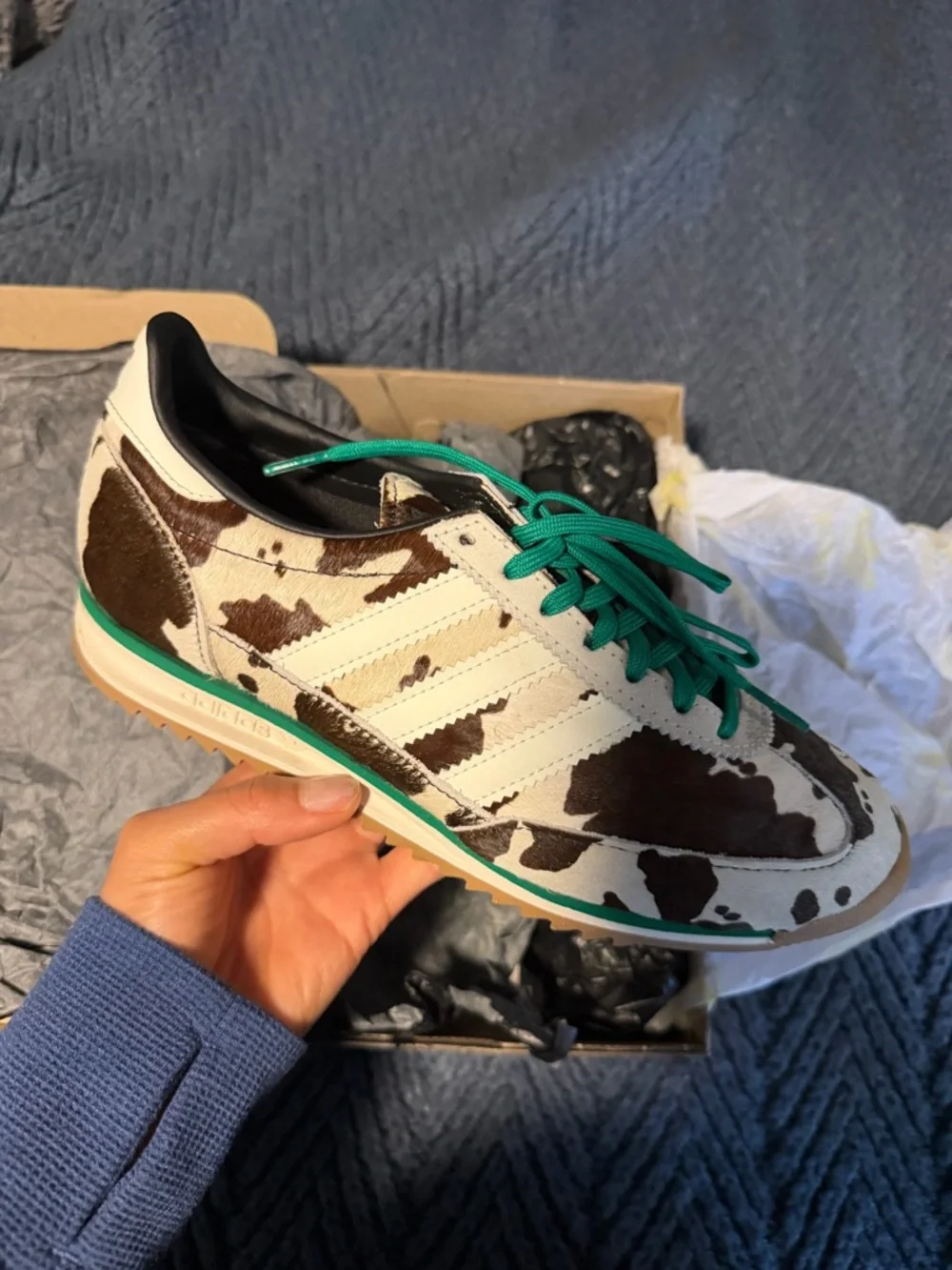 adidas Women's Cow-Print Sneakers with Green Laces - Picture 6 of 8